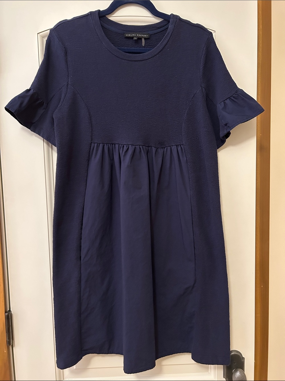 English Factory Girls Navy Short-Sleeve Gathered-Waist Dress